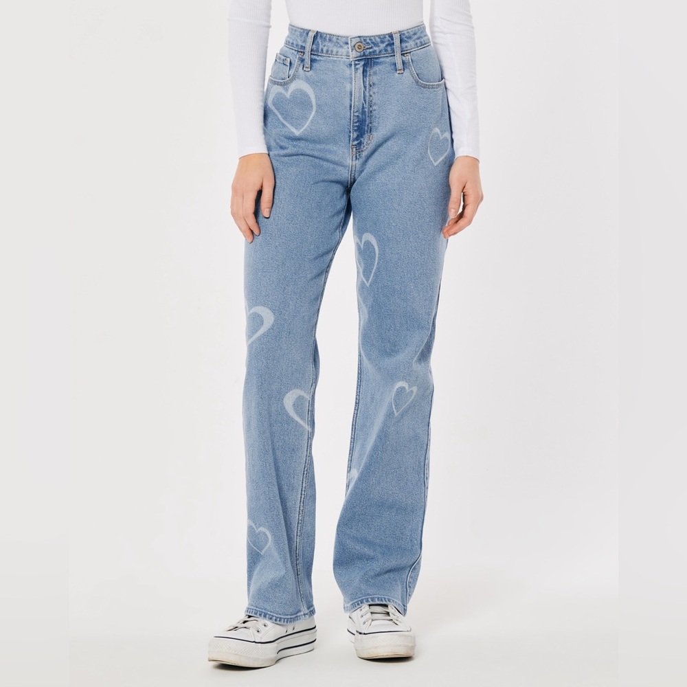 Hollister Blue Straight Leg Jeans with White Heart Pattern